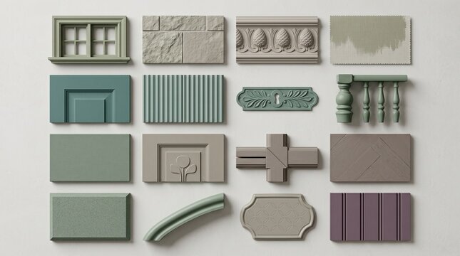 Architectural material samples and decorative moldings arranged on flat surface
