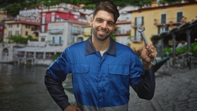 Man mechanic in blue overalls holds wrench and smiles on street with waterfront buildings; confidence skill service.