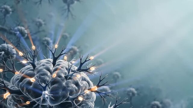 Macro visualization of a glowing brain structure with branching dendrites firing neural impulses, medical neurology concept with clean copy space