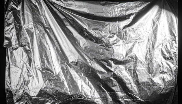 Crinkled silver emergency foil blanket material with highly reflective surface, showcasing textures and folds