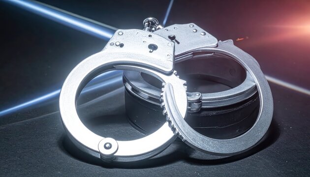 Close-up of silver metal handcuffs resting on a dark surface with a subtle blue and red light glow.