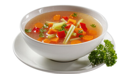 Clear vegetable broth soup with carrots celery, and red pepper © Leon