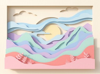 Fototapeta premium Layered paper cut landscape with rolling hills and sun in pastel colors