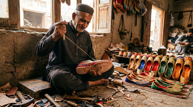 Elderly artisan crafting traditional handmade leather shoes in his workshop