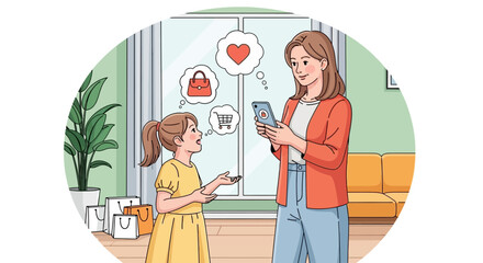 Obraz premium Mother and daughter using smartphones, heart and shopping bag icons, home interior background, family communication concept