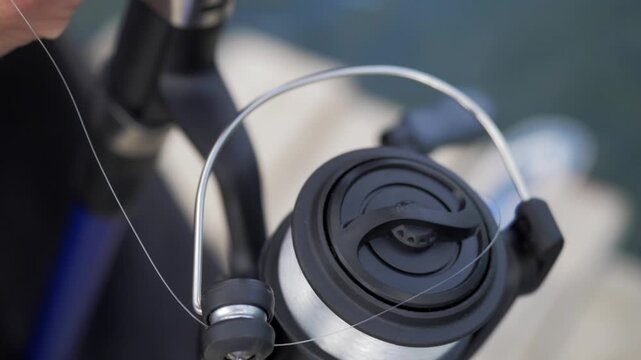 A fisherman's hands carefully unlock and open the fishing reel bail, a crucial preparatory step before casting the line and beginning a relaxing session of sport fishing.