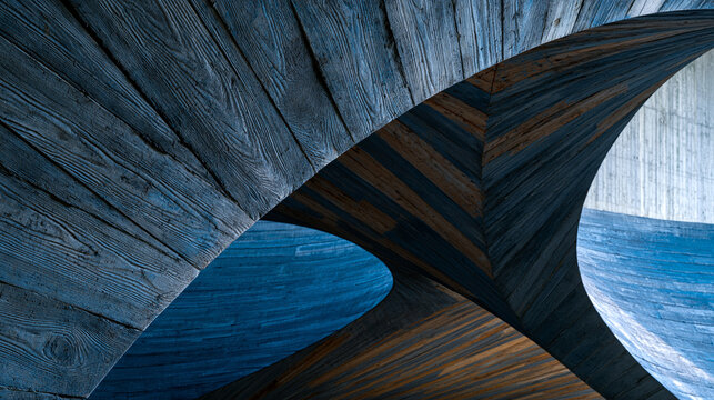 Architectural concrete hyperbolic paraboloid shell roof underside detail, curved formwork timber grain impression preserved in set concrete surface, mid-century structural geometry, thin-shell const