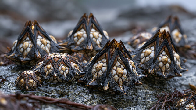 Barnacle colony cross-section study on tidal rock substrate, volcano-shaped acorn barnacle shells tessellating across intertidal granite, cirripedia organism calcified plates interlocking in natural