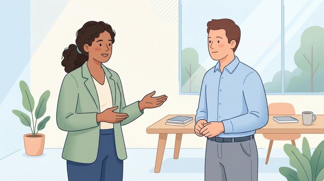 Two employees engage in a conversation focused on de-escalation strategies within a contemporary office space during work hours.