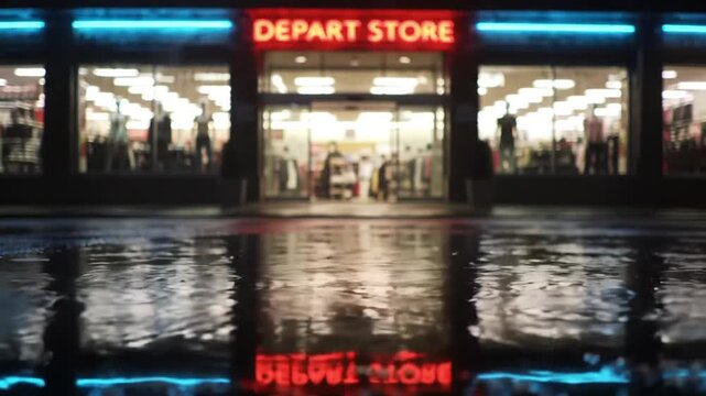Red neon DEPART STORE sign glowing over a shop front on a rainy night.
