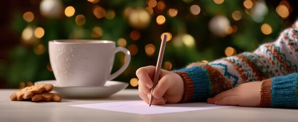 Obraz premium Child’s hand crafting a holiday card near hot cocoa and gingerbread with a glowing Christmas tree.