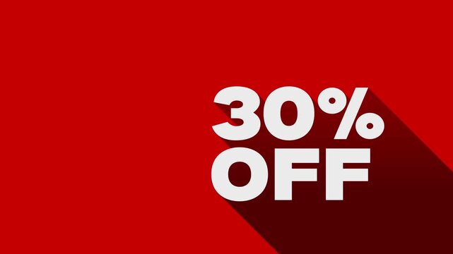 30 percent off sale promotion animation. 30% off sale promotion video 4k. 30% sale Video. 30 Percent Off Sale Discount Animation on Red Background.