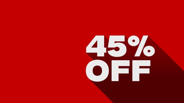 45 percent off sale promotion animation. 45% off sale promotion video 4k. 45% sale Video. 45 Percent Off Sale Discount Animation on Red Background.