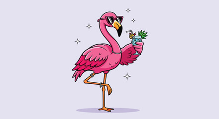 Cartoon flamingo character wearing sunglasses holding a tropical cocktail. © Caroline Studio