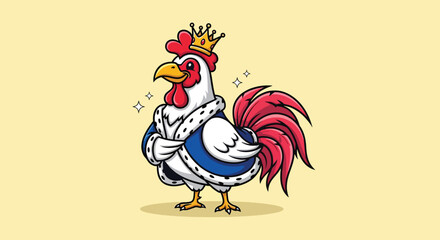 Cartoon King Rooster Illustration Wearing Royal Robe and Crown. © Caroline Studio