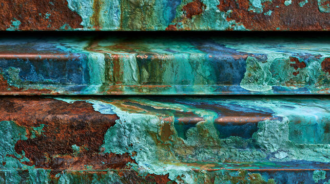 Oxidized copper architectural standing seam roof panel array, natural verdigris patina forming irregular mineral gradient across folded metal surface, roofing material weathering transformation deca