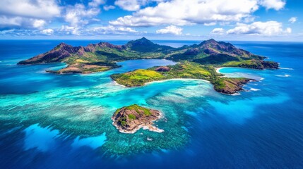 Obraz premium Breathtaking aerial view of tropical islands surrounded by crystal clear turquoise waters. Showcasing vibrant coral reefs. Lush green vegetation. And dramatic volcanic peaks under a perfect blue sky