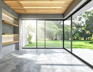 Fototapeta premium Modern Interior with Large Glass Walls Overlooking Lush Green Garden.