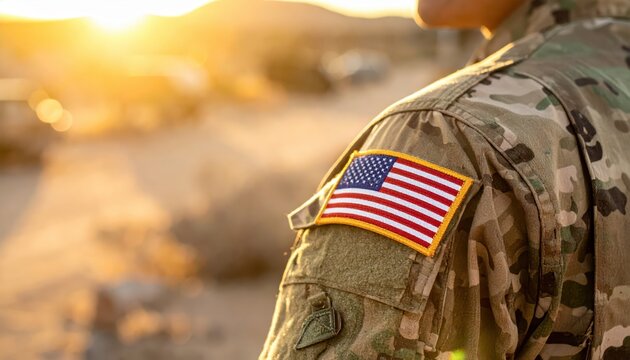 Close-up of an American flag patch on the desert camouflage sleeve of a soldier under warm sunlight