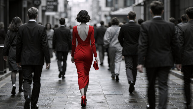 Woman in red dress walks through crowd