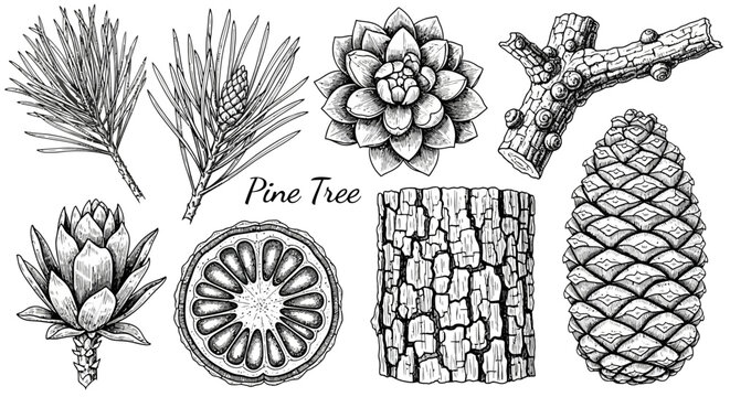 Pine tree elements, illustrations for design, nature background