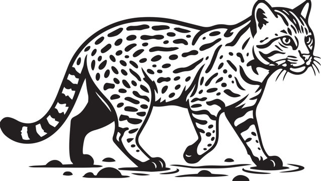 Spotted oncilla cat walking detailed black and white illustration perfect for wildlife conservation or exotic pet themes isolated on white