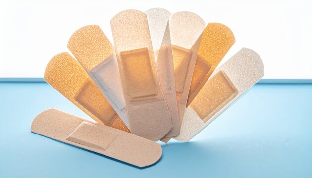 Collection of assorted sterile adhesive bandages arranged in a fan shape on a light blue surface, showcasing essential first aid supplies