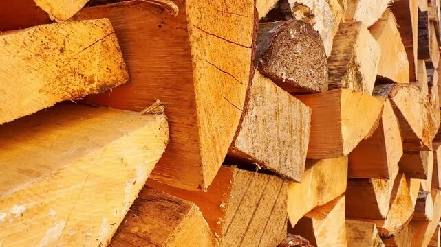 Close-up of split firewood stacked in warm sunlight, showing bark, cut grain, dry log faces, and a rustic household heating supply.
