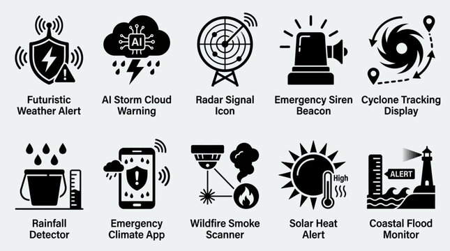 Minimal flat silhouette icon pack featuring futuristic weather alert technology  AI storm cloud warning  radar signal icon  emergency siren beacon  cyclone tracking display  rainfall detector  emergen