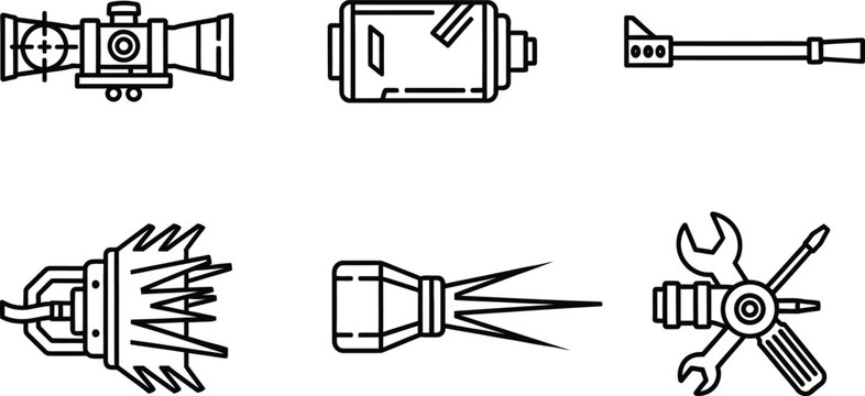 Line of six welding tools and torches line black and white equipment