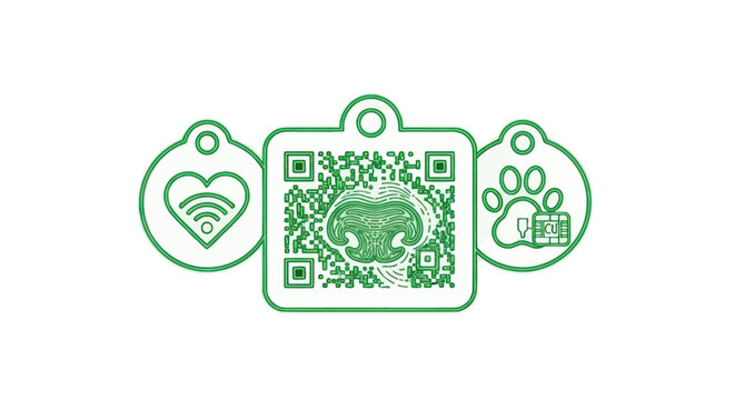 Pet ID Tag QR Code with Dog Face, Paw Print, and Heart WiFi Icon
