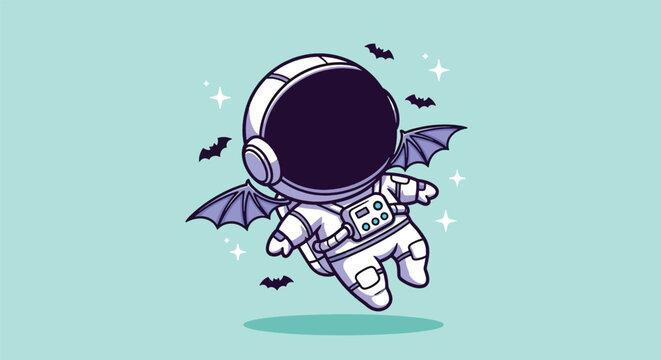 Cute cartoon astronaut with bat wings flying in space with little bats and stars.