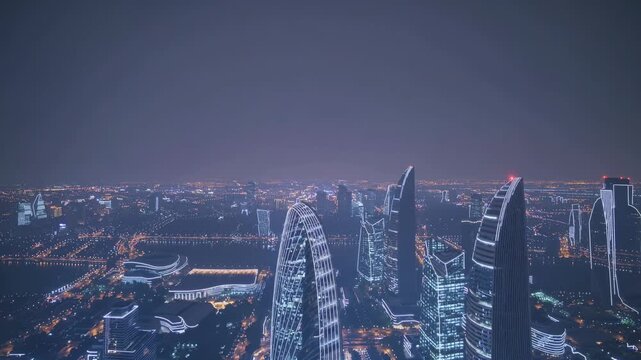 Nighttime cityscape view showcasing illuminated skyscrapers and urban architecture with a vibrant skyline and river, highlighting modern design elements and city lights
