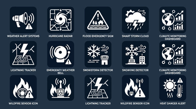 Clean flat silhouette icon collection for weather alert systems  hurricane radar  flood emergency sign  smart storm cloud  lightning tracker  emergency weather bell  snowstorm detector  climate monito
