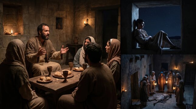 Saint Paul apostle preaching to people during gathering for breaking bread in upper room as young man Eutychus falls asleep on window and then is found alive after falling from height.