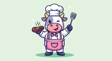 Fototapeta premium Cute Cartoon Cow Chef Holding Steak and Spatula.