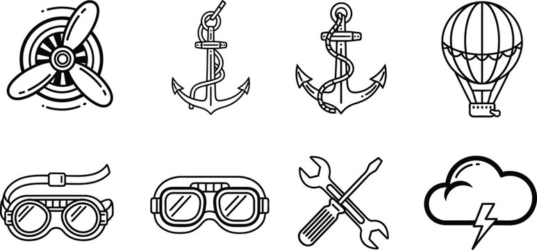 Line set, featuring nautical, tools, and weather symbols line nautical anchor propeller hot air balloon