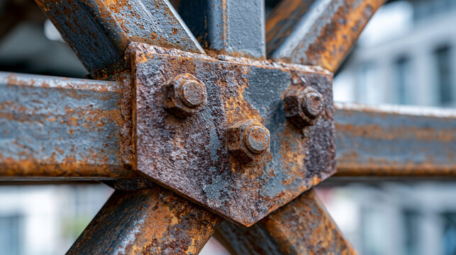 Weathered diagrid structural steel node connection on high-rise exterior, triangulated lattice members meeting at central gusset plate, mill scale surface oxidation patina, load-bearing geometry rev