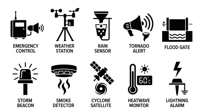 Minimal silhouette vector icons of automated weather emergency equipment  robotic weather station  rain intensity sensor  digital tornado alert  smart flood gate  emergency storm beacon  wildfire 