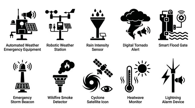 Minimal silhouette vector icons of automated weather emergency equipment  robotic weather station  rain intensity sensor  digital tornado alert  smart flood gate  emergency storm beacon  wildfire 