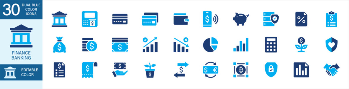 Finance and banking icon set. Contains icon symbol of bank, cash, exchange, money, atm, credit card, debit card, mobile banking, piggy bank, safe box, loan, investment, tax, insurance, transfer.