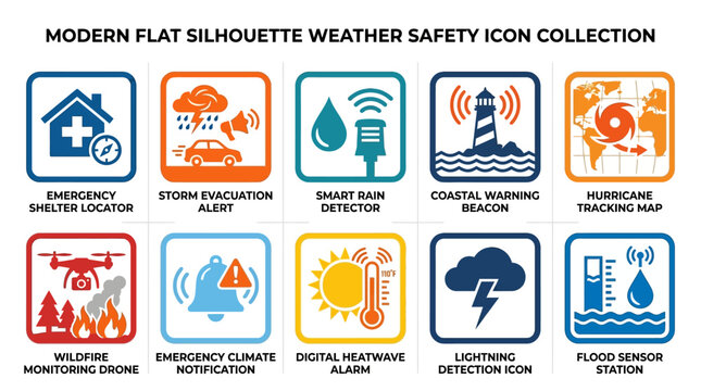 Modern flat silhouette weather safety icon collection  emergency shelter locator  storm evacuation alert  smart rain detector  coastal warning beacon  hurricane tracking map  wildfire monitoring drone