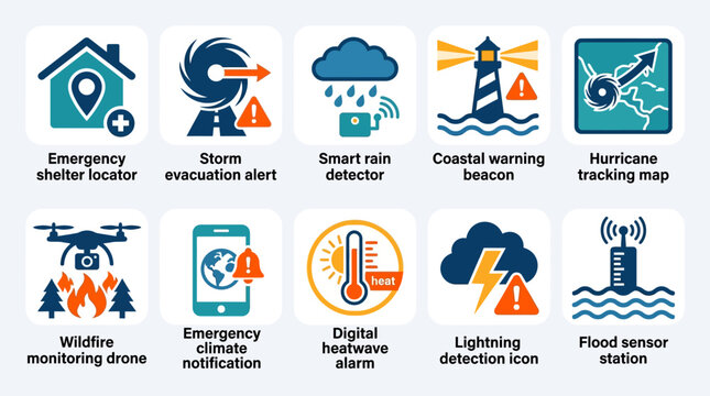 Modern flat silhouette weather safety icon collection  emergency shelter locator  storm evacuation alert  smart rain detector  coastal warning beacon  hurricane tracking map  wildfire monitoring drone