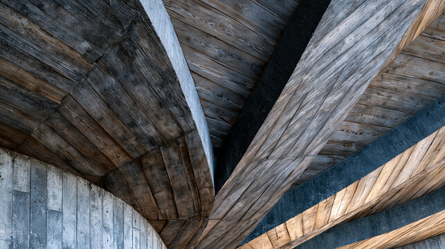 Architectural concrete hyperbolic paraboloid shell roof underside detail, curved formwork timber grain impression preserved in set concrete surface, mid-century structural geometry, thin-shell const