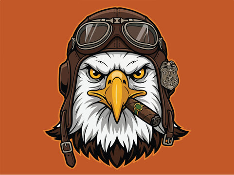 Bald Eagle Pilot Mascot Illustration Wearing Vintage Aviator Helmet and Goggles Smoking Cigar.