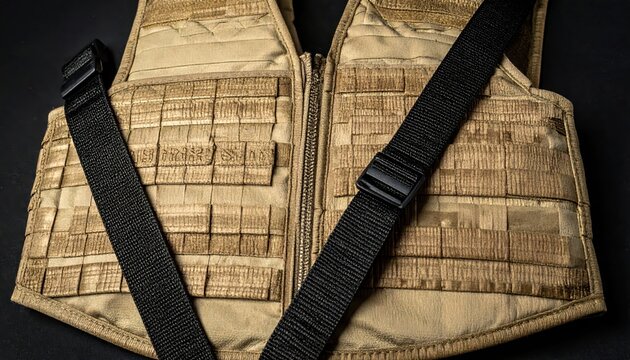 Detailed Close-Up Texture of a Tan Kevlar Ballistic Vest with Straps and Zipper