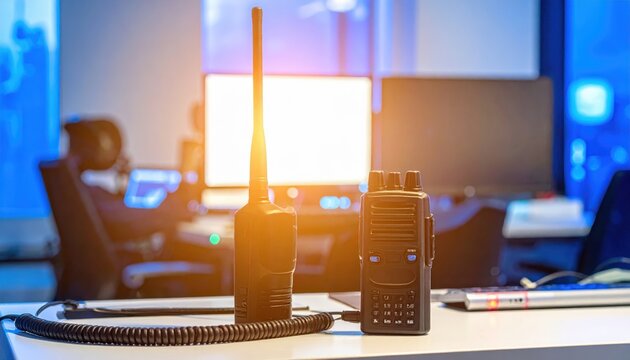 Compact police radio transceiver with extended antenna sitting on desk near computer monitors