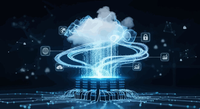 Digital cloud computing concept with data flow and network connections representing technology advancement and data transfer