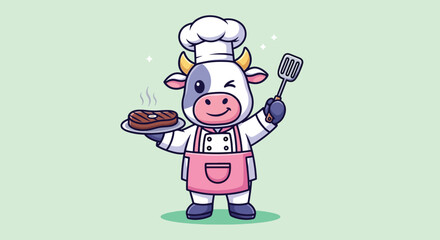 Fototapeta premium Cute cow chef character holding a steak and spatula.