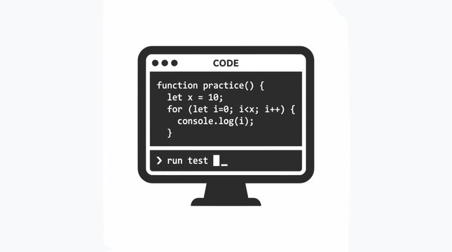 Minimalist icon of a computer screen displaying code, representing programming and software development